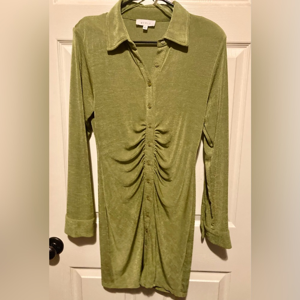 MABLE Front Ruched Button-Down Skinny Mini Shirt Dress